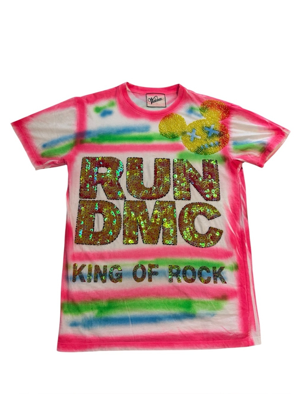 VUNTAKAN Fully Beaded and Sequined Tie Dye RUN DMC Mickey Mouse T- Shirt Size M